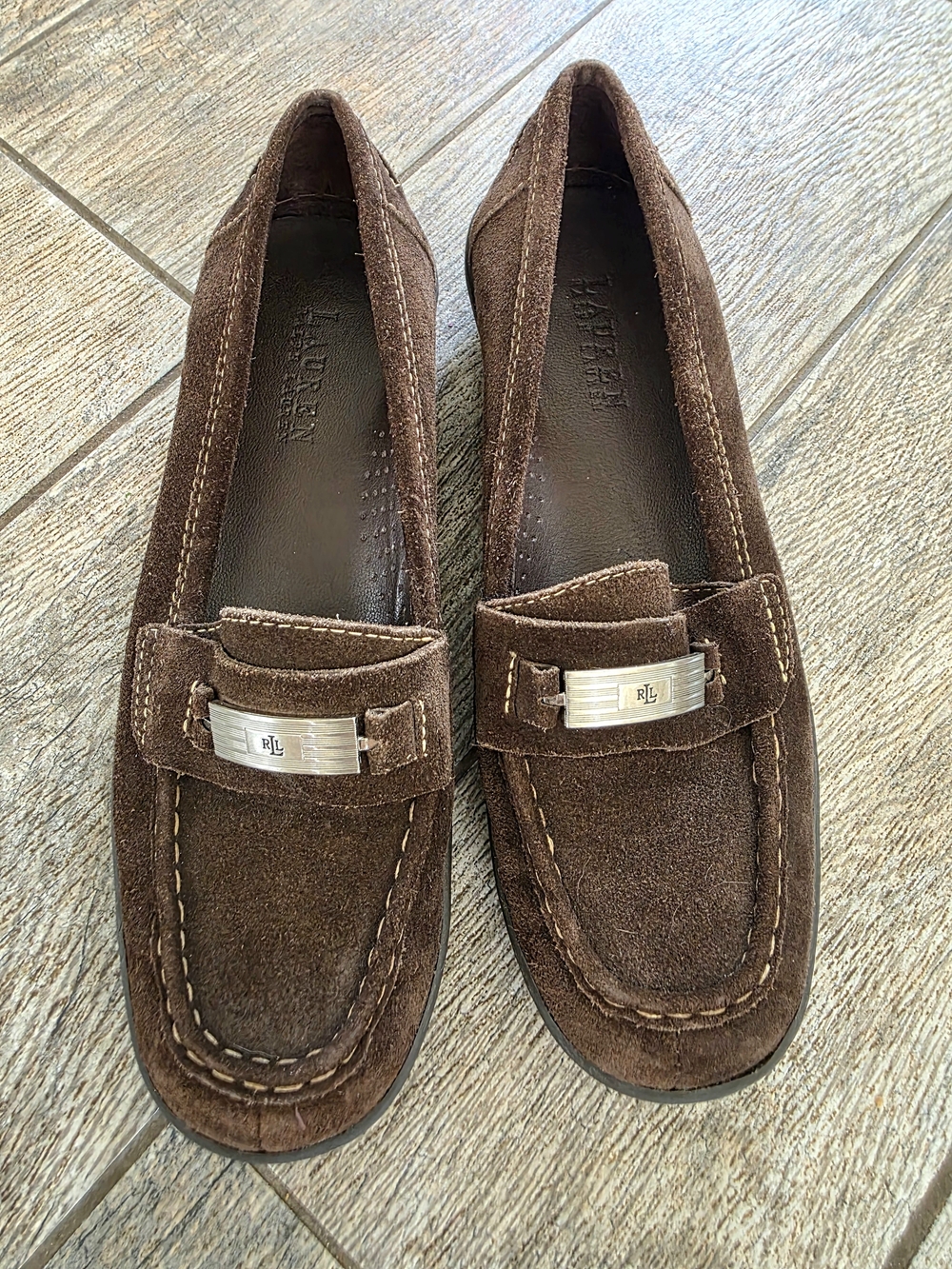 New Lauren Ralph Lauren Hildy Brown Suede Penny Loafers Shoes Slip onLogo Sz 8